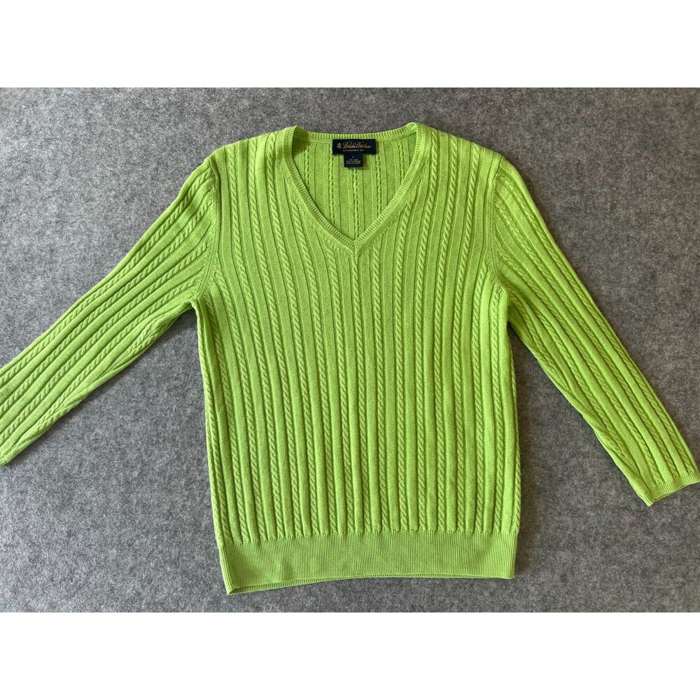 Brooks Brothers Silk Cashmere Lime Green Cable Knit V Neck Sweater L Old Money